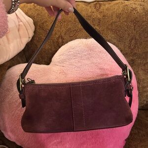 Coach Y2k Wine Red Suede Baguette Shoulder Bag 7470 Charm Fringe Leather Used